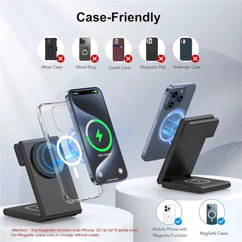 3 in 1 Foldable Wireless Charger Fast Charging Station for iPhone 15 14 Holder Magnetic Charger Stand Dock for Apple Watch S8/7