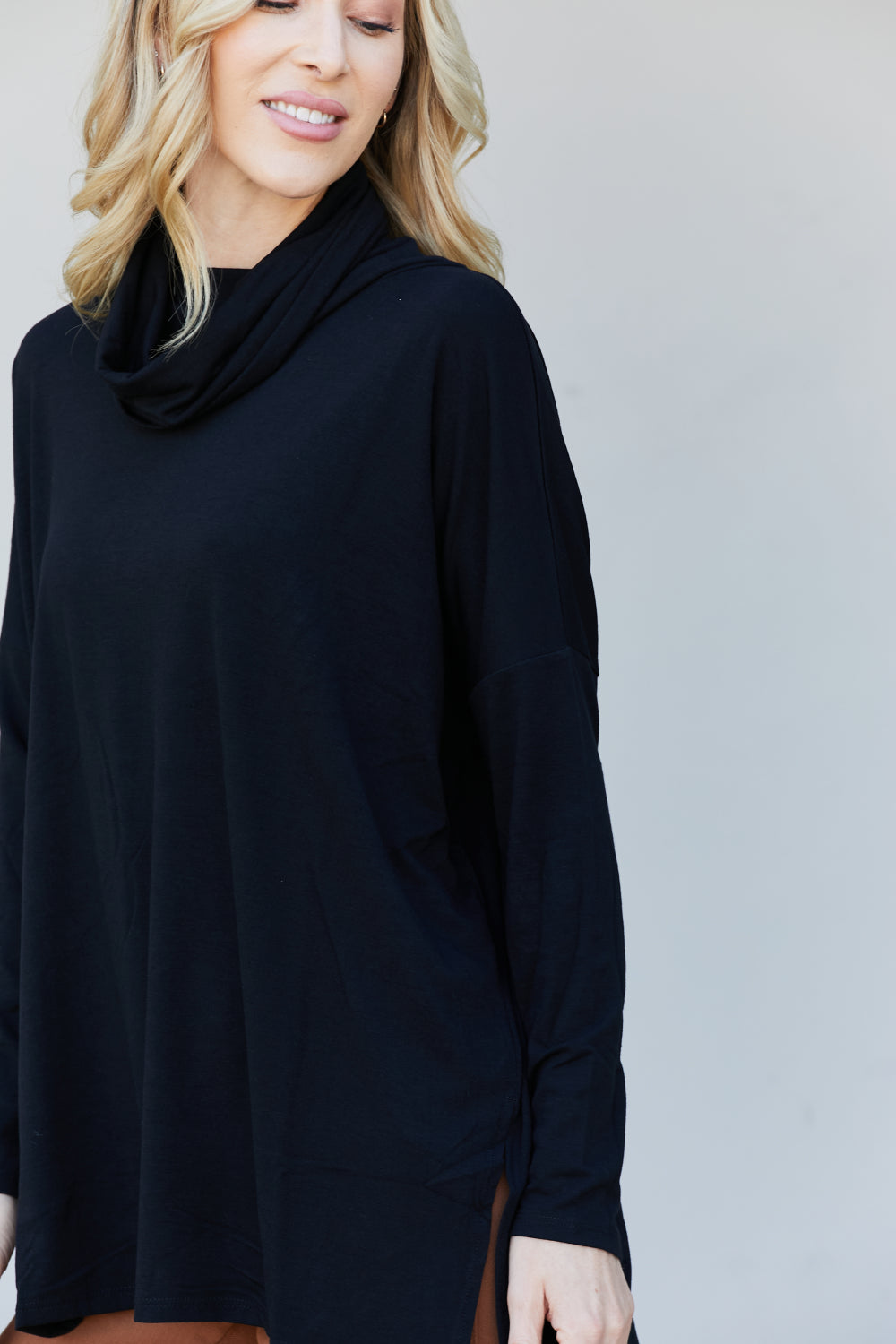 Zenana Full Size Slit High-Low Funnel Neck Top in Black