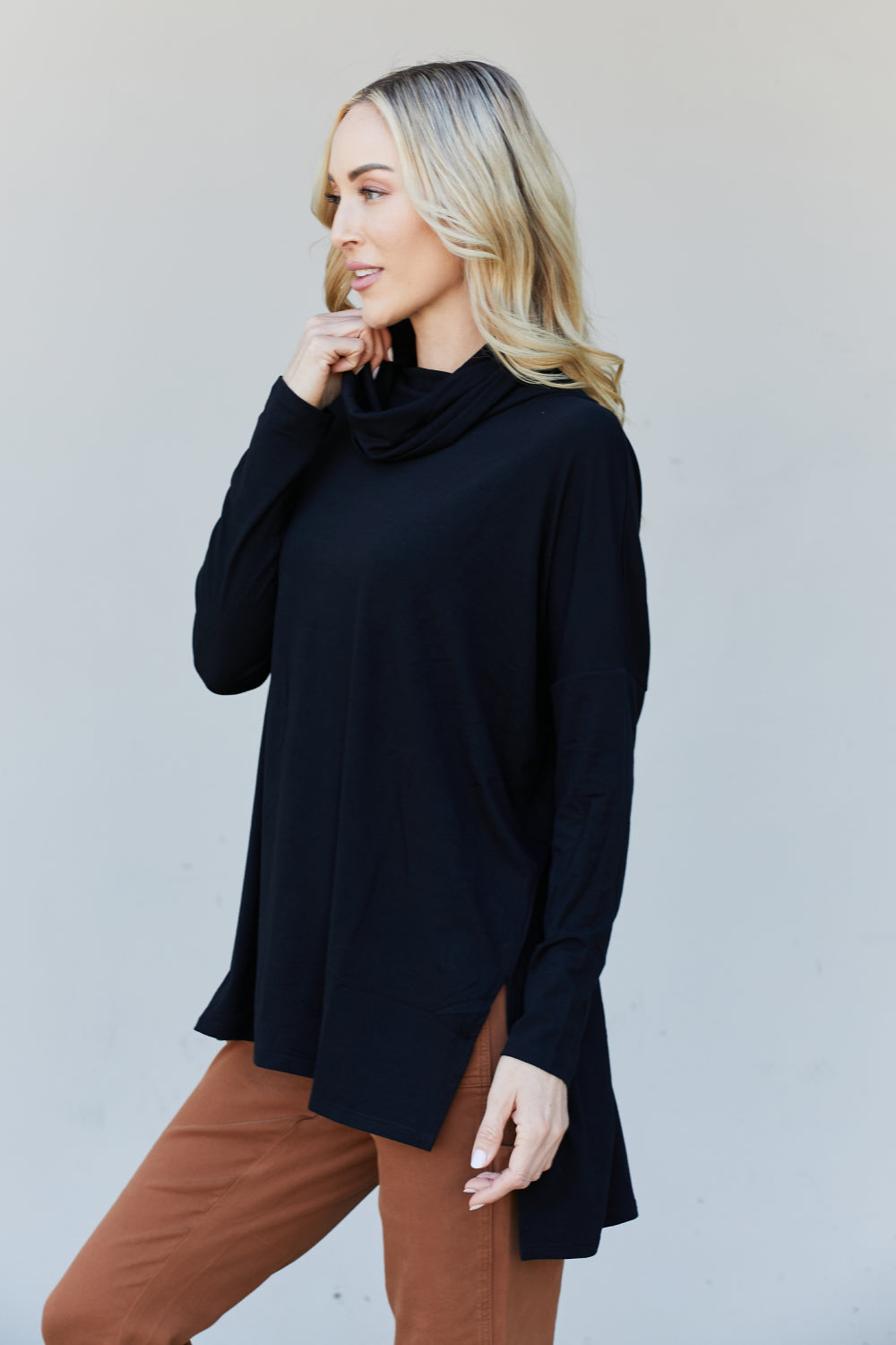 Zenana Full Size Slit High-Low Funnel Neck Top in Black