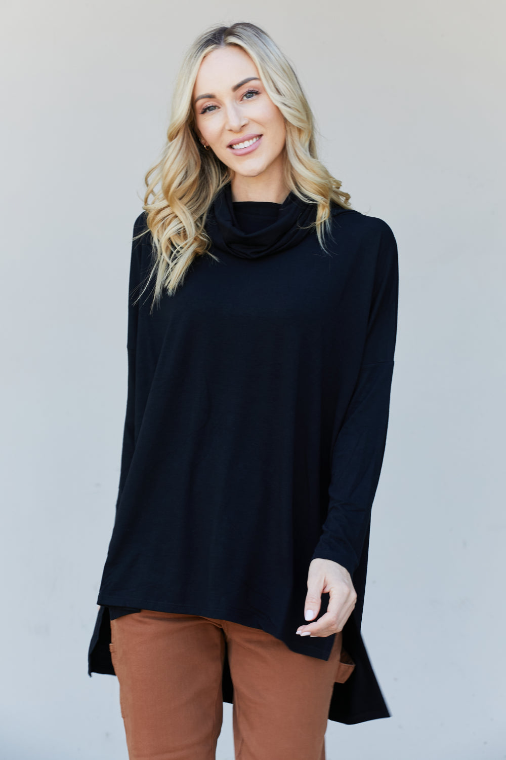 Zenana Full Size Slit High-Low Funnel Neck Top in Black