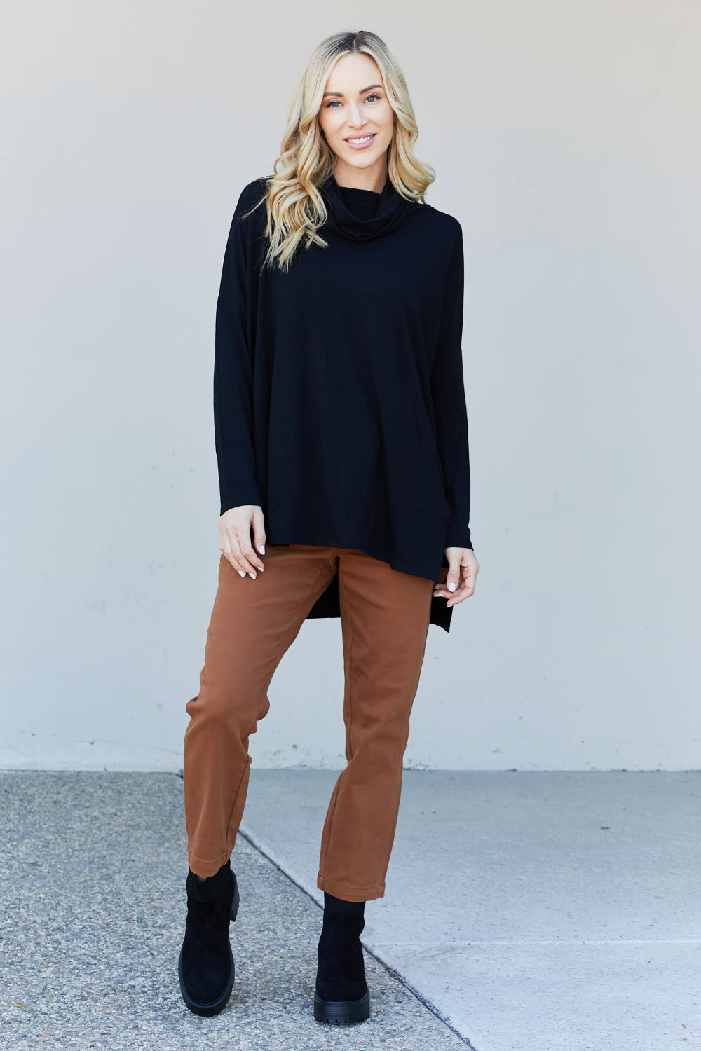Zenana Full Size Slit High-Low Funnel Neck Top in Black