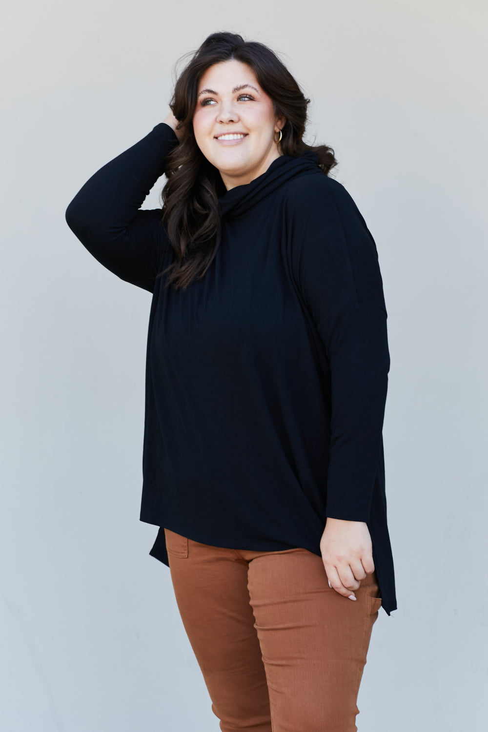 Zenana Full Size Slit High-Low Funnel Neck Top in Black