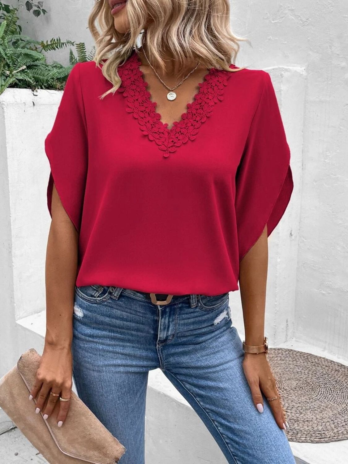 Lace Detail V-Neck Half Sleeve Blouse