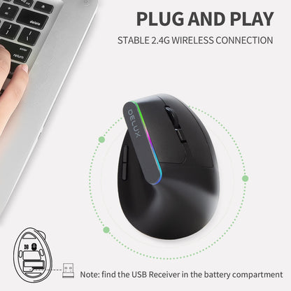 Delux M618C Wireless Silent Ergonomic Vertical 6 Buttons Gaming Mouse USB Receiver RGB 1600 DPI Optical Mice With For PC Laptop