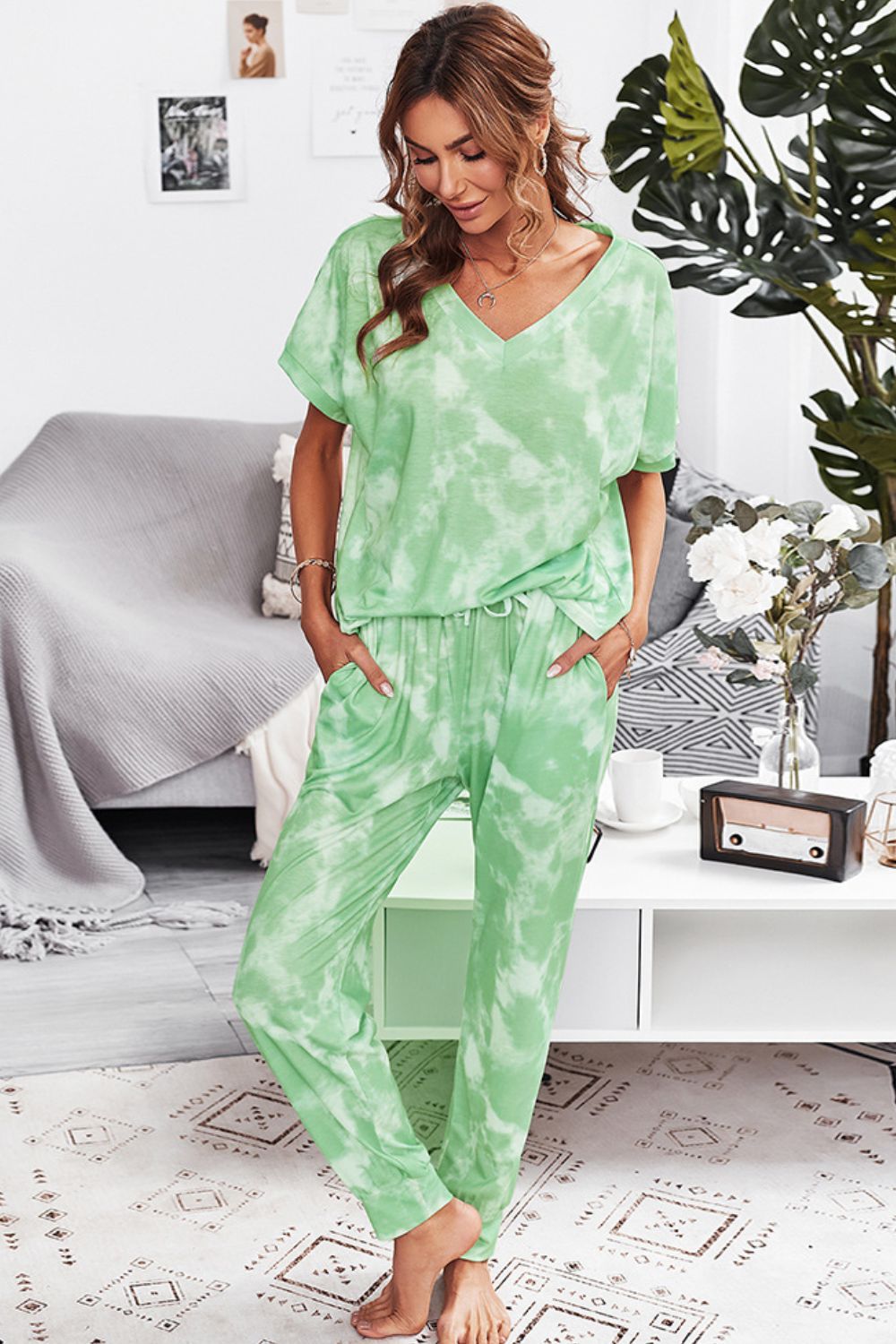 Tie-Dye V-Neck Tee and Joggers Lounge Set